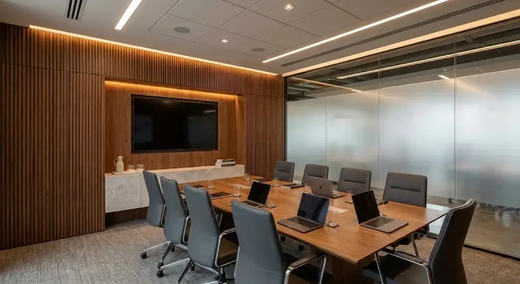 Sala de reunião corporativa projetada pela Mold Arq
